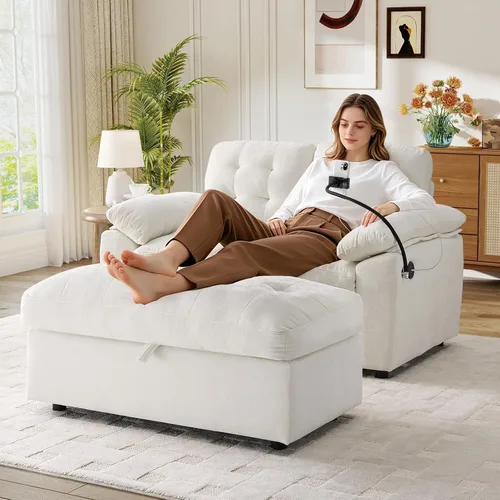 Vista 24 de JEEOHEY Chaise Lounge Chair para interiores, silla de sofá de chenilla de gran tamaño con otomana de almacenamiento y respaldo ajustable, sofá
