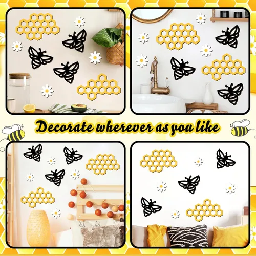 Vista 5 de 9 calcomanías de madera para decoración de abejas para telón de fondo, abeja de miel, margaritas, flores, letreros de panal para arco de globos