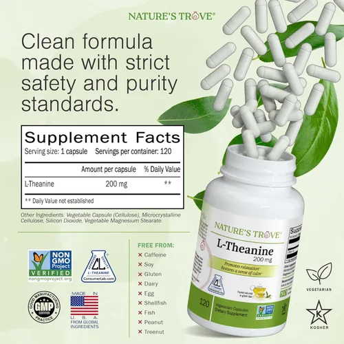 Vista 3 de Cápsulas vegetarianas de L-teanina, 0,007 onzas, de Nature's Trove, 120