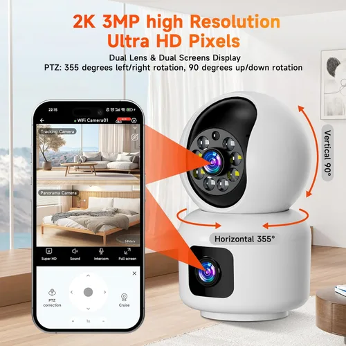 Vista 4 de Hawkray - Cámara de seguridad inteligente de doble lente de 360°, cámara HD 2K, compatible con 2.4G/5G, WiFi de doble banda, visión nocturna a