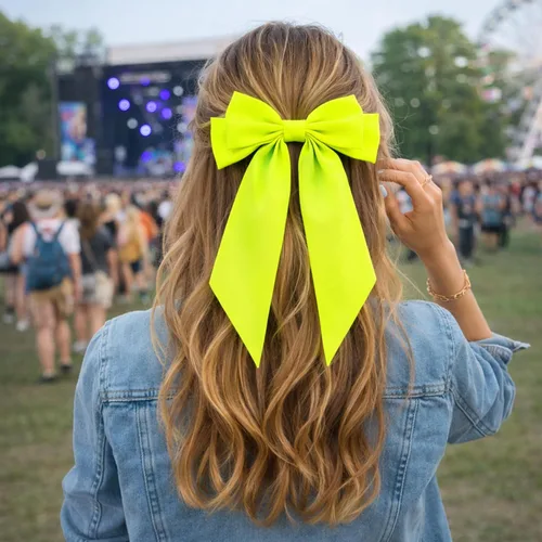 Vista 7 de Lazo para el cabello de neón, 4 lazos grandes de neón con colas largas para niñas, lazo para el cabello verde lima fluorescente, accesorios