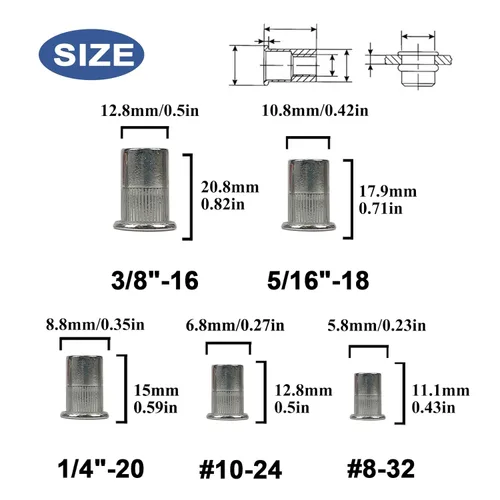 Vista 3 de Kit de 228 tuercas remachadoras de acero inoxidable, SAE UNC Surtido de tuercas remachadoras 8#-32, 10#-24, 1/4"-20, 5/16"-18, 3/8"-16, 3/8"-16