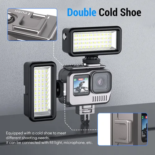 Vista 4 de Funda impermeable de aluminio para GoPro Hero 12/11/10/9 Negro, protectora 131FTUnderwater Dive Housing Shell con 2 Cold Shoe para GoPro Hero