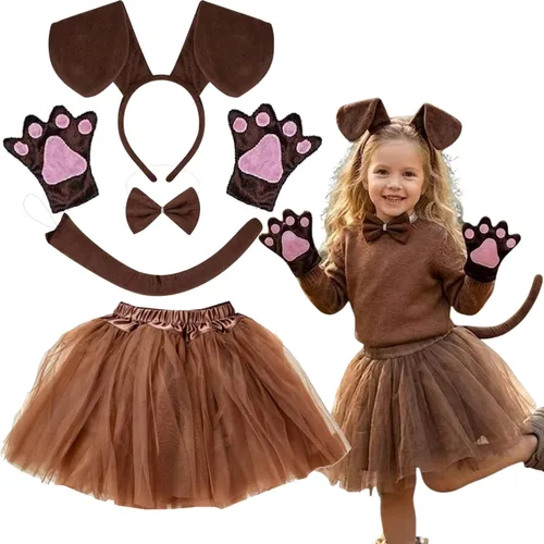 Kirei Sui Disfraz de animal para niños, cachorro, cachorro, blanco, marrón, tutú, diadema, corbatín, cola y patas
