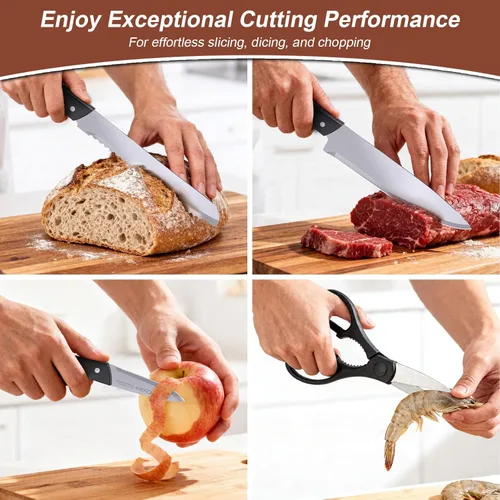 Vista 4 de Cookit - Juego de cuchillos de cocina con bloque, juego de 15 cuchillos de cocina con soporte de bloque de pino, juego de bloques de cuchillos