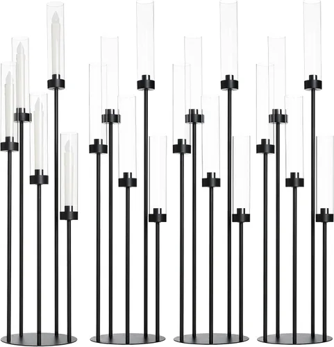 Vista 12 de Portavelas negro mate de 39.8 pulgadas con tonos acrílicos, candelabro alto de 5 brazos, centro de mesa negro para boda, sala de estar, comedor
