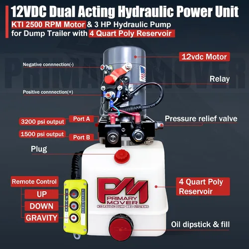 Vista 2 de Bomba hidráulica de doble efecto KTI de 12Vdc de 4 cuartos para remolque de descarga - Unidad de potencia hidráulica - Bomba de remolque de descarga