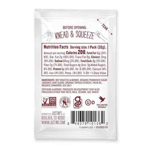 Vista 4 de Justin's Paquetes de mantequilla de almendras y canela, sin gluten, sin OMG, de origen responsable, 11.15 onzas (paquete de 10)