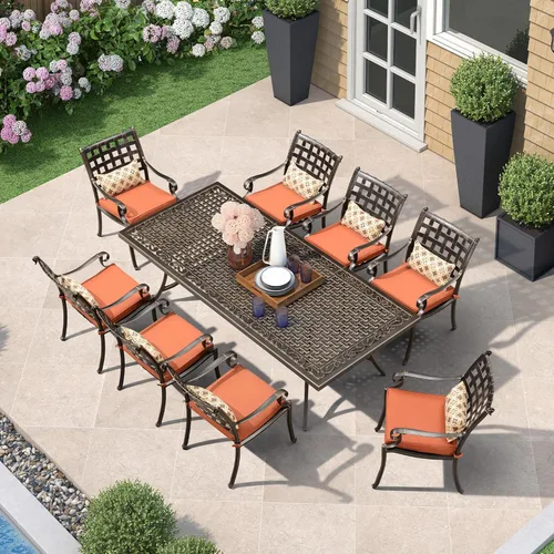 PURPLE LEAF Juego de comedor de 9 piezas de muebles de aluminio fundido con mesa rectangular para césped, jardín, patio trasero, terraza, juegos de