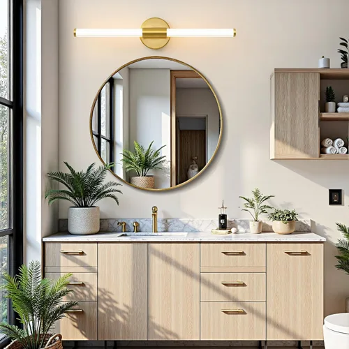 Vista 4 de Lámparas LED de baño, luces doradas para baño, iluminación completa de 360°, regulable, barra de luz LED de 24 pulgadas sobre espejo, aplique