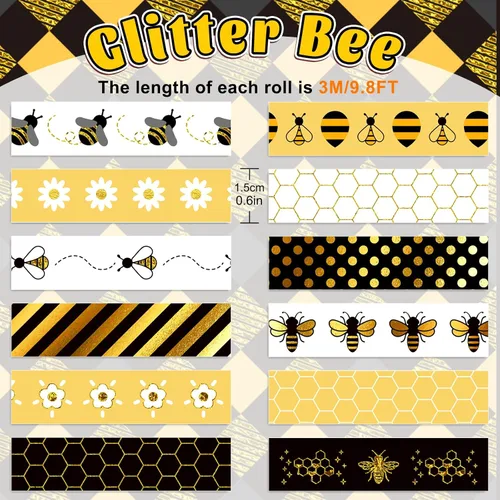 Vista 2 de Whaline 12 Rollos de Cinta Washi de Abeja, Cinta Adhesiva de Lámina Dorada de Miel de Abeja, 15mm de Ancho, Estampado de Panal de Abeja Y Caimán