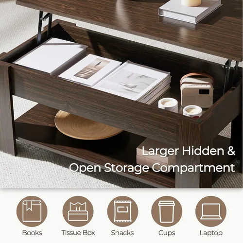 Vista 5 de Yaheetech Mesa de Centro con Tapa Elevable con Compartimento Oculto y Estante de Almacenamiento, Mesa de Comedor con Superficie Elevable para Sala