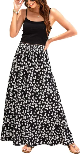 Bluetime - Falda larga para mujer con estampado de leopardo, maxifalda de chifón plisada con cintura alta elástica para el verano y la playa