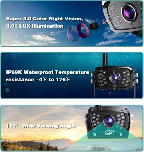 Vista 4 de Cámara de respaldo inalámbrica, sistema de cámara de visión trasera de 7 pulgadas para RV, remolques, camiones, 5ª rueda, compatible con 2 cámaras
