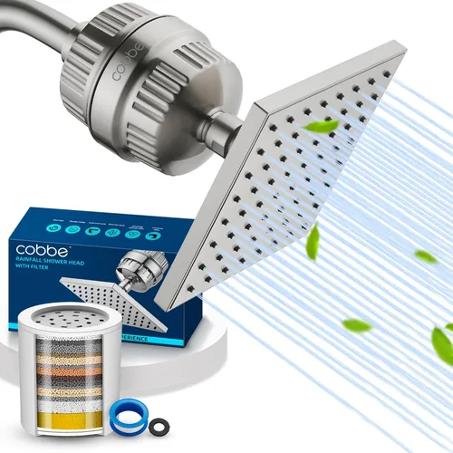 Vista 15 de Cobbe Cabezal de ducha filtrado de alta presión de 6 ajustes, cabezal de ducha de lluvia desmontable con filtro de cabezal de ducha de 20 etapas