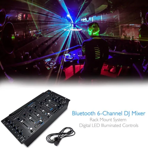 Vista 7 de Pyle Controlador DJ mezclador de 6 canales con Bluetooth, sistema de mezcla digital de sonido profesional con iluminación LED, controles