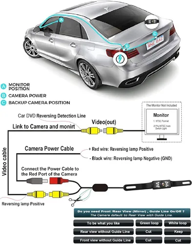 Vista 6 de Cámara de respaldo para automóvil, visión nocturna HD, cámara de visión trasera, con 9 luces LED, fuente y cámara trasera, ángulo de visión amplio