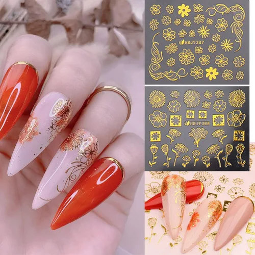 Vista 4 de Calcomanías doradas para arte de uñas, calcomanías de uñas de flores 3D, calcomanías autoadhesivas metálicas para uñas, hojas doradas, suministros