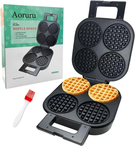 Waffle Maker - Plancha para gofres belga antiadherente con luz indicadora de 1300 W, 4 rebanadas