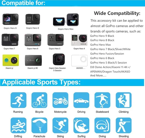Vista 6 de Kit de accesorios para cámara 60 en 1 compatible con GoPro Hero 13 12 11 10 9 8 7 6 /Session 5/Hero 4/3+/3/2/1, Insta360, DJI Osmo Action, AKASO