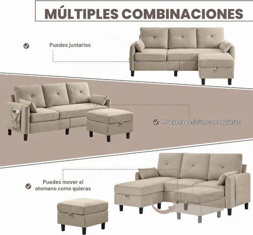 Vista 6 de Sofá modular convertible de 77 pulgadas, moderno sofá en forma de L de 3 asientos con otomana reversible y bolsillo de almacenamiento, sofás