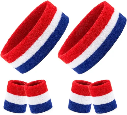 BEFORYOU Juego de 2 bandas para el sudor a rayas, 2 diademas deportivas y 4 pulseras, estilo colorido a rayas de bandera estadounidense para hombres