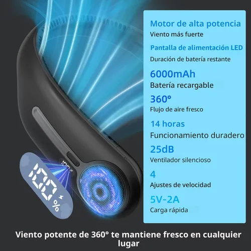 Vista 3 de Ventilador de cuello portátil, manos libres, ventilador personal sin aspas, recargable por USB de 6000 mAh, refrigeración de 360°, pantalla LED, 4