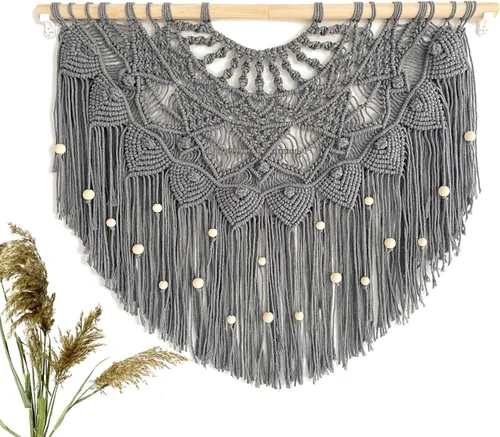 Vista 8 de Youngeast Cortina grande de macramé para colgar en la pared, estilo bohemio, con cuentas para ventana, macramé, cabecero, sala de estar, decoración