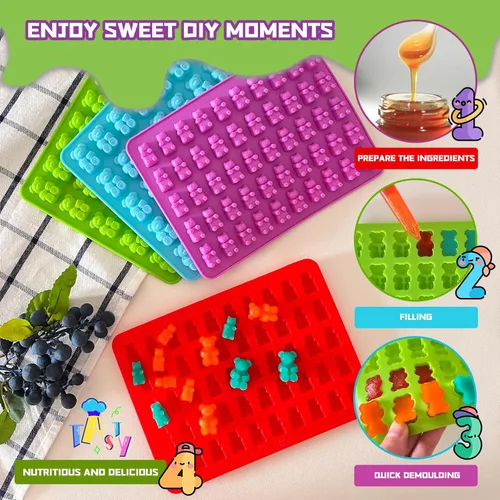 Vista 5 de Dos tamaños diferentes de moldes de gomitas de oso, juego de 4 moldes antiadherentes de silicona para chocolate con 2 cuentagotas