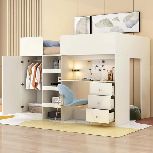 Vista 21 de Cama tipo loft de tamaño matrimonial con escritorio en forma de U, 1 armario y 2 cajones, 4 estantes de almacenamiento, marco de cama de madera