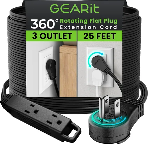 Vista 25 de GEARit Cable de extensión corto con enchufe plano giratorio de 360° y 3 tomas (2 pies, gris) 16AWG/13A Cable de 3 clavijas, Protector de toma