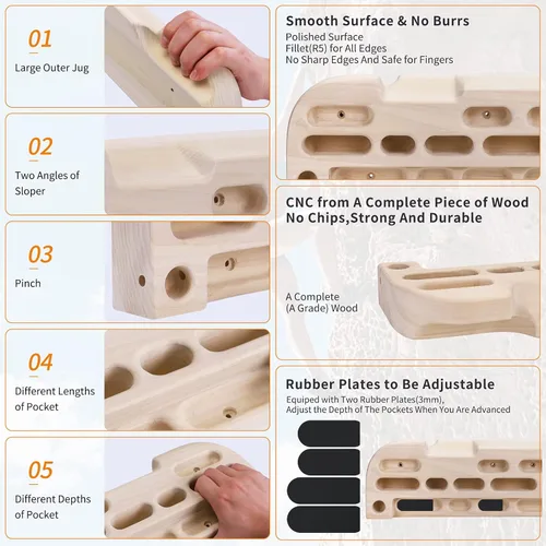 Vista 4 de TWO STONES Tabla colgante de madera para escalada en roca, barra de dominadas diseñada para entrenamiento para escalada, tabla de entrenamiento