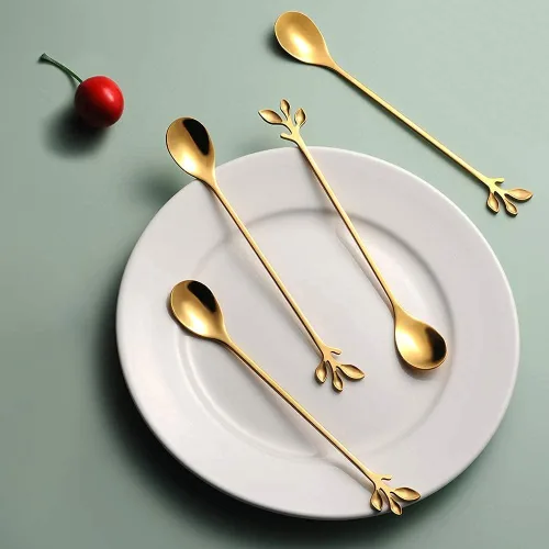 Vista 3 de AnSaw Juego de 12 cucharas de café y té doradas de 6.5 pulgadas con diseño de hojas largas, de acero inoxidable, para expreso, té helado, accesorios