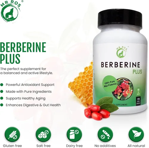 Vista 5 de Berberine Plus Cápsulas de 1200 mg – Cápsulas de suplemento de berberina HCl con jalea real – Suplemento de verduras de alta pureza y máxima