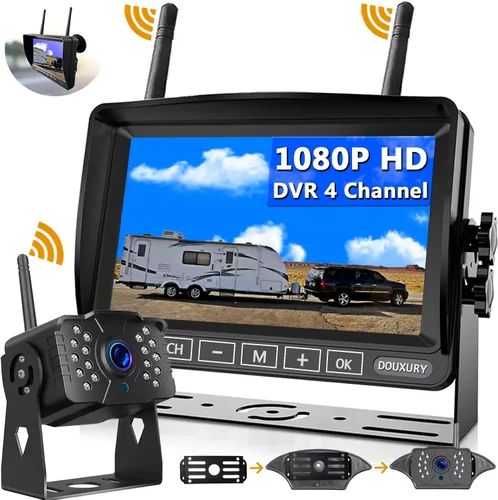 Cámara de respaldo inalámbrica para autocaravana DOUXURY IP69 impermeable con ángulo de visión amplio de 170°, cámara de visión trasera HD 1080P +