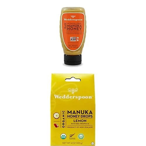Paquete Wedderspoon Raw Premium Manuka Honey KFactor 16 botellas exprimibles (12 onzas) y gotas de miel de manuka, limón y propóleo de abeja (4