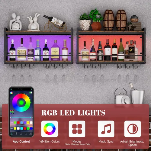 Vista 5 de Shikha - Estante de vino LED montado en la pared con soporte para vidrio Marrón rústico