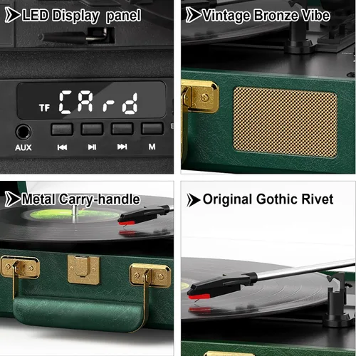 Vista 4 de Tocadiscos Bluetooth vintage de 3 velocidades, tocadiscos portátil de maleta con altavoces estéreo integrados y grabación USB, convierte vinilo a