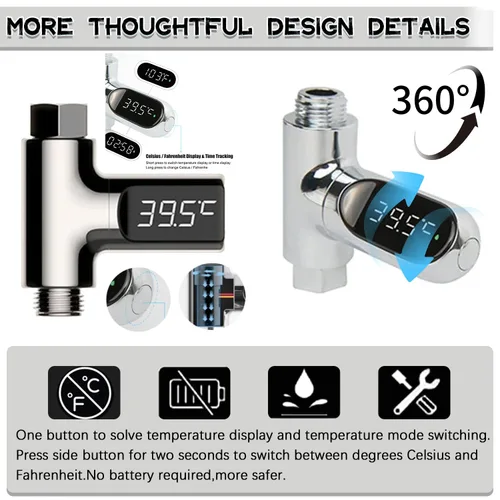 Vista 5 de Termómetro de ducha para baby shower, termómetro de agua Fahrenheit Celsius con pantalla digital LED, pantalla giratoria de 360°, termómetros