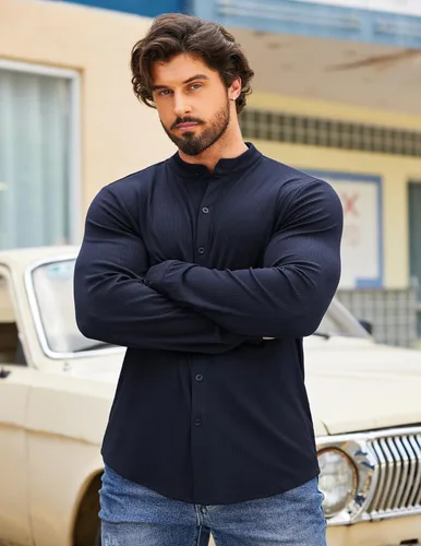 Vista 2 de COOFANDY Mens Ribbed Knit Button Down Shirt Casual Long Sleeve Stretch Dress Shirts