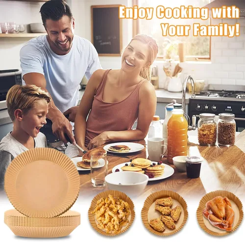 Vista 9 de 50 forros de papel desechables para freidora de aire de 8 pulgadas, redondos de pergamino natural, antiadherentes, a prueba de aceite, impermeable