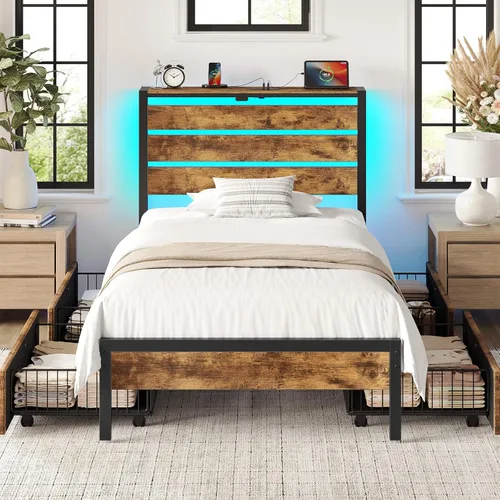 Vista 31 de Rolanstar Base de cama individual con 4 cajones, luces LED y estación de carga, plataforma de metal con cabecera de almacenamiento, sin ruido, fácil