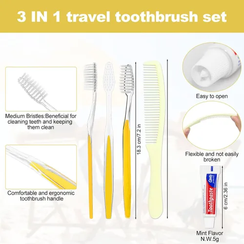 Vista 3 de Paquete de 100 cepillos de dientes desechables con pasta de dientes y peine para personas sin hogar envueltos individualmente, adecuados para hotel