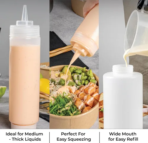 Vista 6 de Restaurantware Botella de plástico transparente FIFO de 16 onzas con tapa de repuesto y punta de dispensación de precisión, ideal para restaurantes