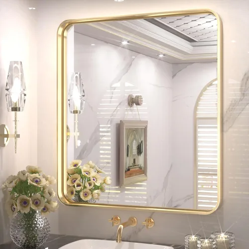 Vista 52 de TETOTE Espejo de marco dorado cepillado de 16 x 24 pulgadas, espejo de tocador de baño de latón dorado para pared, espejo enmarcado rectangular