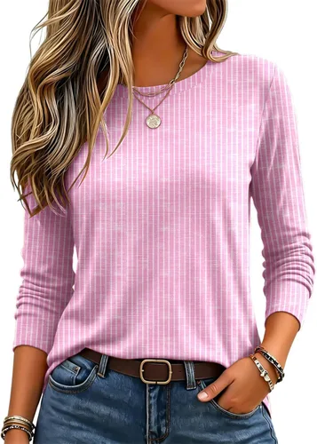 Vista 13 de Zeagoo Paquete de 3 camisetas de manga larga para mujer, estilo casual, suave, cuello redondo, básicas, ropa de otoño Z Rayas Azul 273