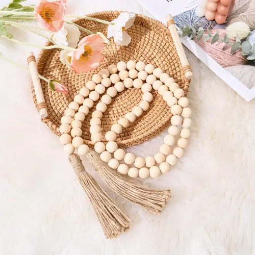 Vista 12 de OMISHE Guirnalda de cuentas de madera de 59 pulgadas con borlas, cuentas decorativas, guirnalda de cuentas de madera de granja para colgar
