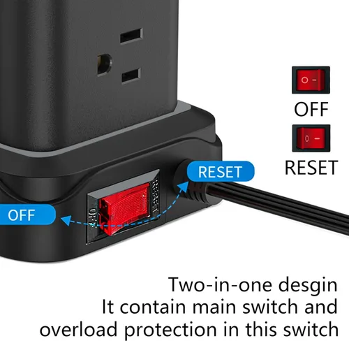 Vista 6 de PASSUS - Regletas de alimentación con protección contra sobretensiones, cable de extensión plano de 6 pies con múltiples tomas, torre de 16 tomas