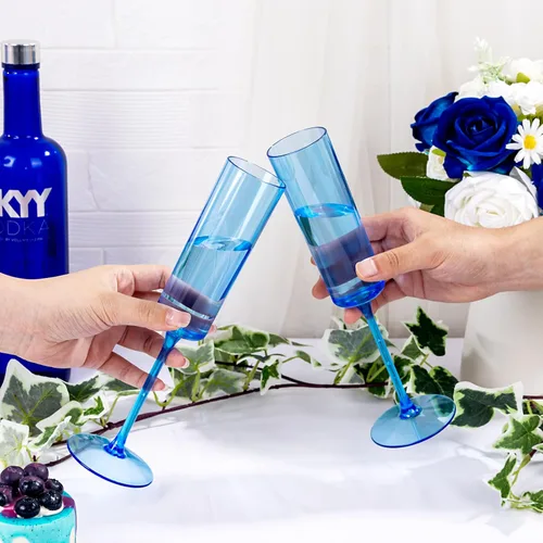 Vista 5 de YOUBET Paquete de 24 copas de champán azules de plástico, copas de champán azul transparente de 6 onzas, vasos de plástico desechables para brindis