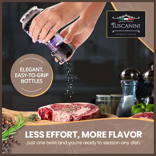 Vista 3 de Tuscanini Molinillo de especias de pimienta negra, 1.76 onzas Tarro de vidrio de fácil agarre Sin rellenos Producto de Italia Kosher